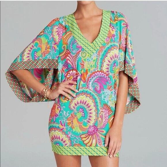 TRINA TURK Festival Paisley Folkloric Swim Cover Up Dress Flutter Sleeve Tunic S - Picture 1 of 8